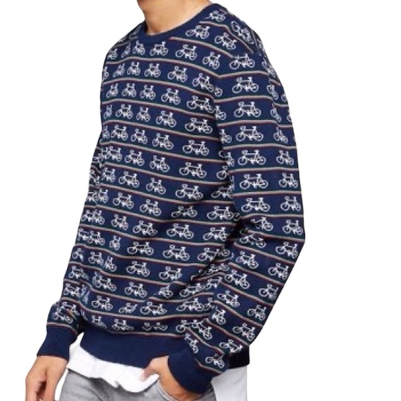 Forever 21 Men | Navy Bicycle Print & Striped Crewneck Sweater (Size Medium) - Picture 1 of 12